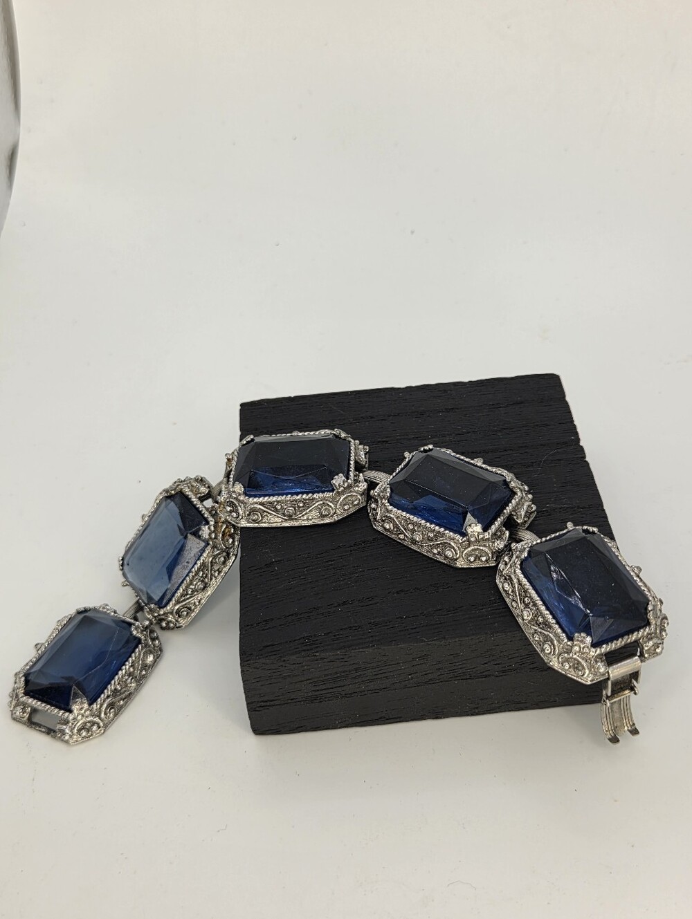 Vintage Blue Crystal Bracelet and Earrings in Silver Tone